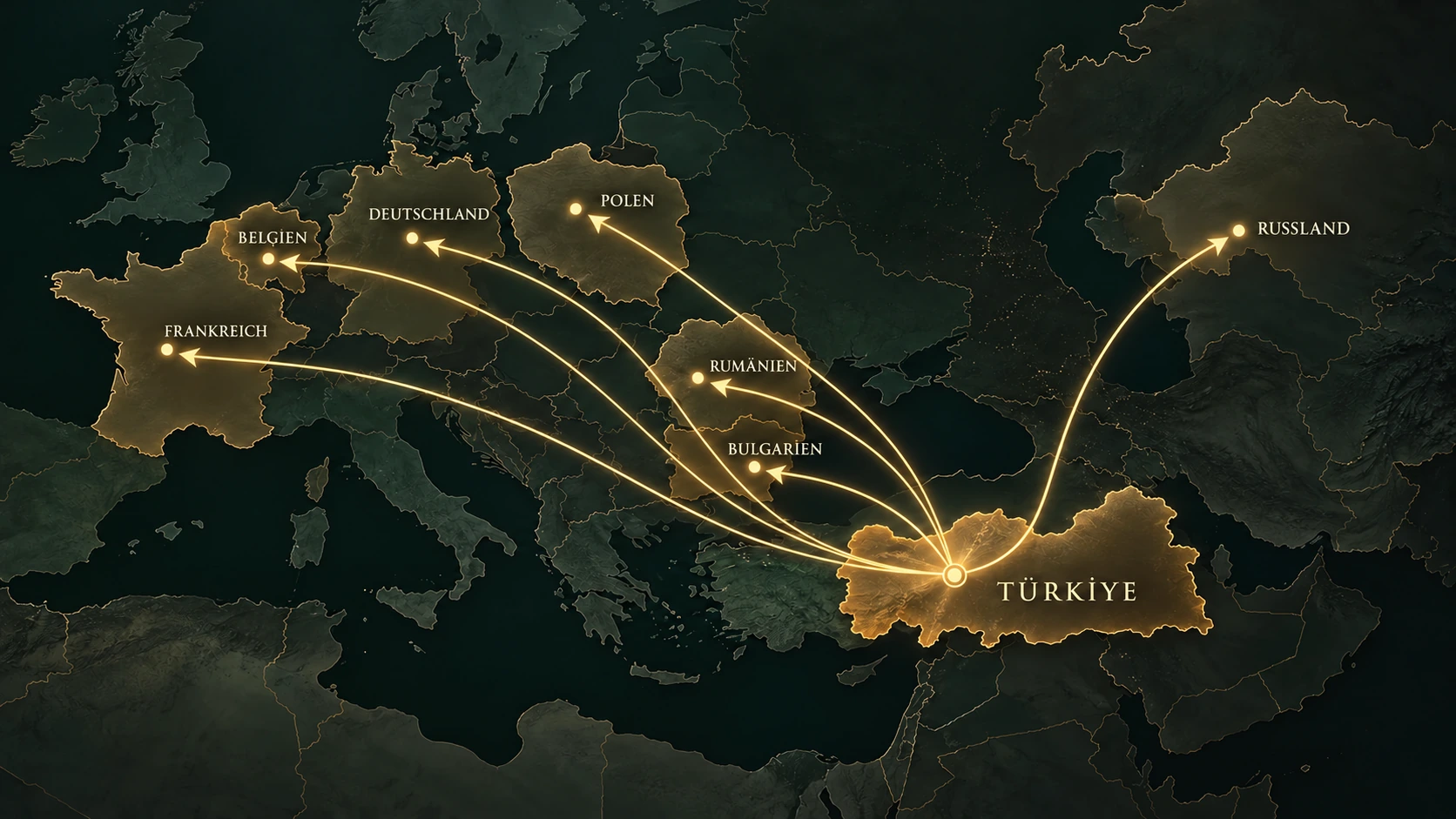 Exportkarte mit Routen von Türkiye zu internationalen Märkten